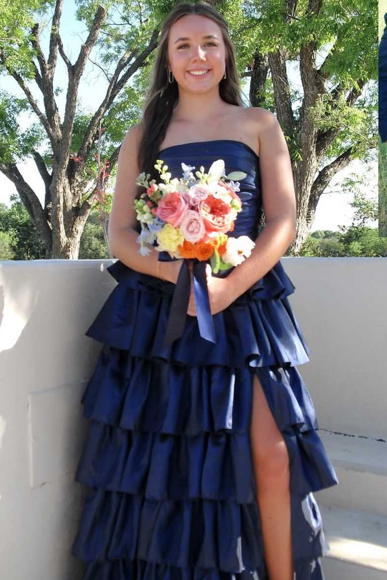 A-Line Strapless Empire-Waist Ruffles Satin Sleeveless Long Prom Dress with Slit
