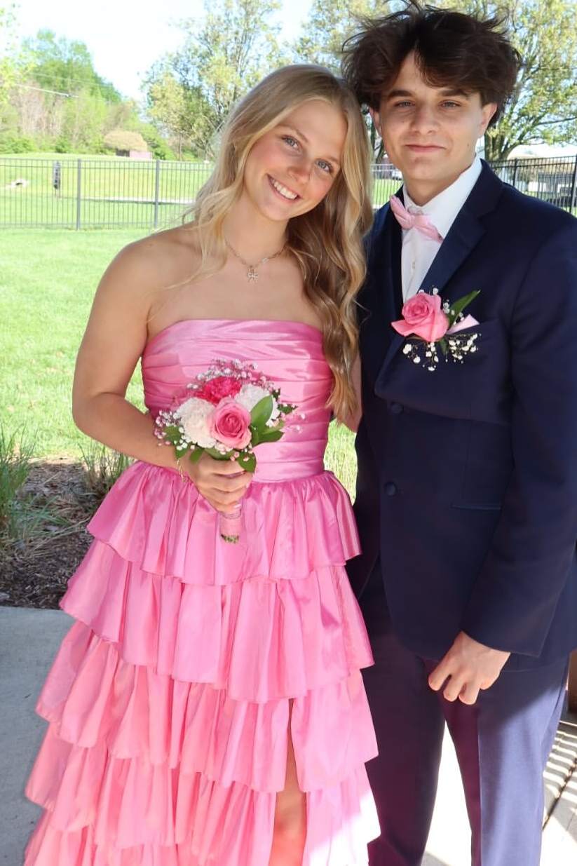 A-Line Strapless Empire-Waist Ruffles Satin Sleeveless Long Prom Dress with Slit