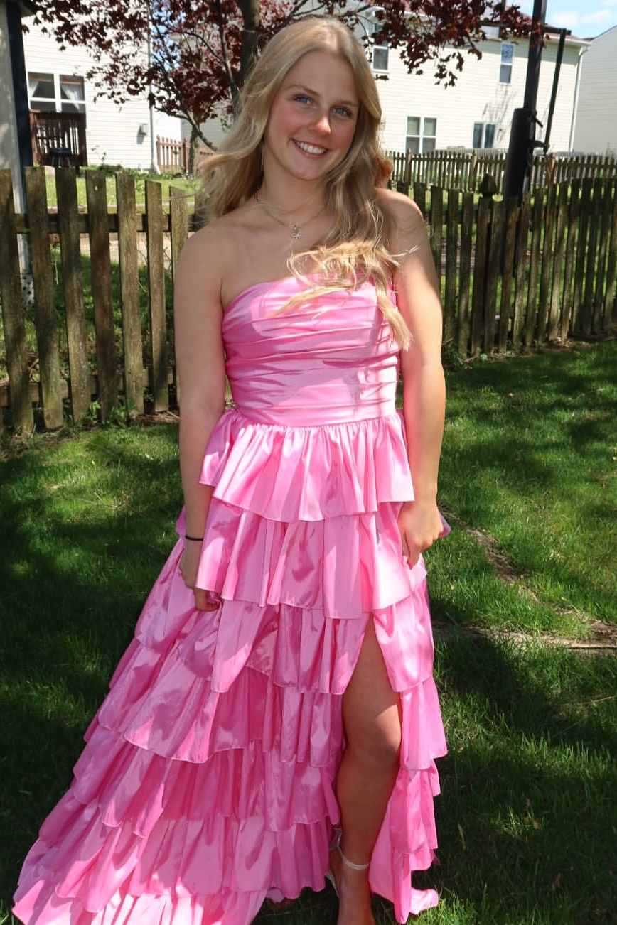 A-Line Strapless Empire-Waist Ruffles Satin Sleeveless Long Prom Dress with Slit