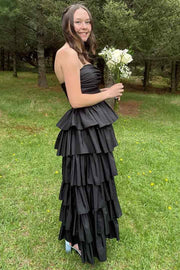A-Line Strapless Empire-Waist Ruffles Satin Sleeveless Long Prom Dress with Slit