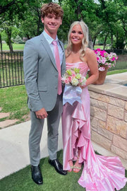 Simple Strapless Ruffles Satin High Slit Pleats Long Formal Prom Dress