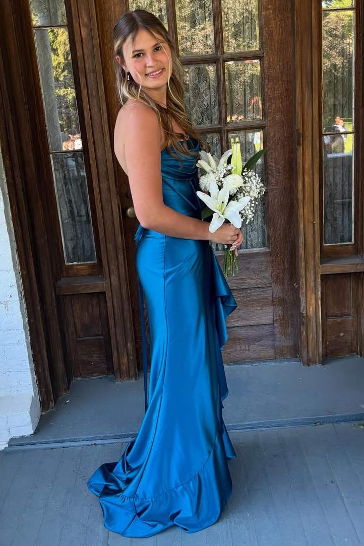 Simple Strapless Ruffles Satin High Slit Pleats Long Formal Prom Dress