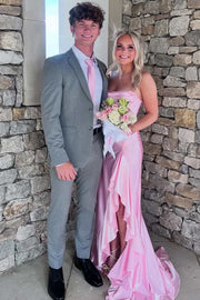 Simple Strapless Ruffles Satin High Slit Pleats Long Formal Prom Dress