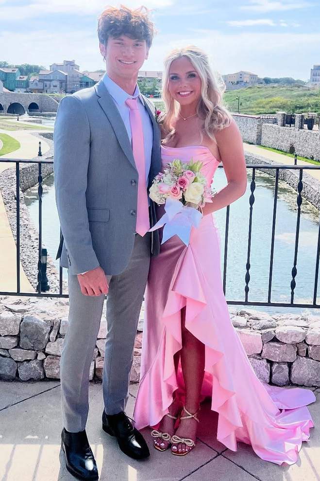 Simple Strapless Ruffles Satin High Slit Pleats Long Formal Prom Dress