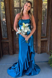 Simple Strapless Ruffles Satin High Slit Pleats Long Formal Prom Dress