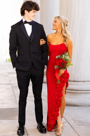 Red Strapless 3D Floral Scoop Neck Prom Dress with Side Slit