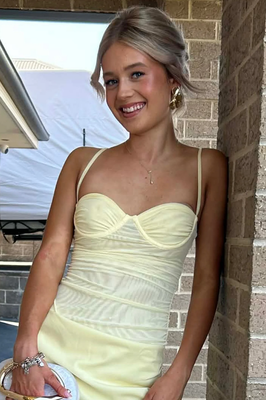 Yellow Spaghetti Straps Pleats Sweetheart Sleeveless Long Prom Dress