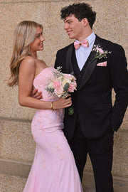 Exquisite Pink Strapless Lace Appliques Mermaid Long Prom Dress