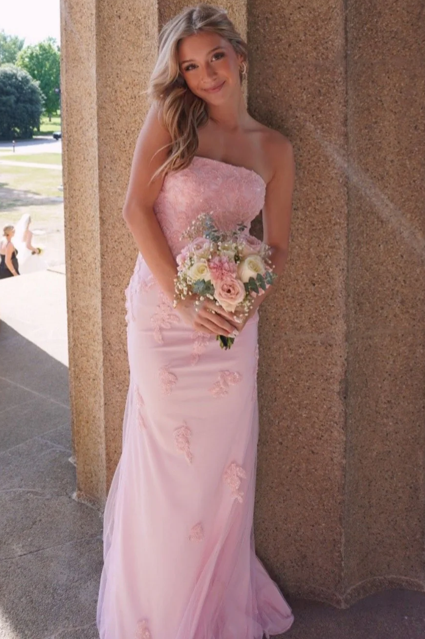 Exquisite Pink Strapless Lace Appliques Mermaid Long Prom Dress