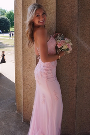 Exquisite Pink Strapless Lace Appliques Mermaid Long Prom Dress