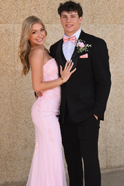 Exquisite Pink Strapless Lace Appliques Mermaid Long Prom Dress