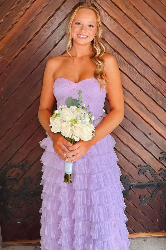 Lilac A-Line Strapless Empire-Waist Ruffles Tulle Long Prom Dress
