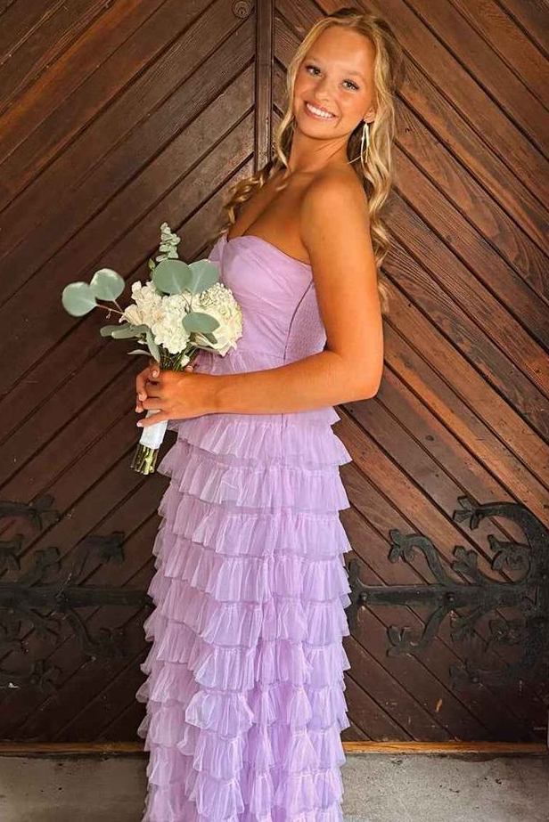 Lilac A-Line Strapless Empire-Waist Ruffles Tulle Long Prom Dress