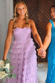 Lilac A-Line Strapless Empire-Waist Ruffles Tulle Long Prom Dress