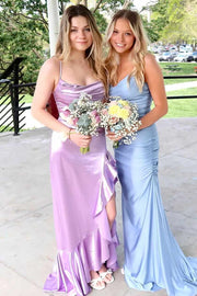 Purple Spaghetti Straps Ruffles Satin High Slit Long Formal Prom Dress