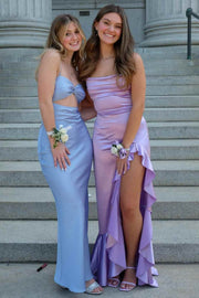 Purple Spaghetti Straps Ruffles Satin High Slit Long Formal Prom Dress
