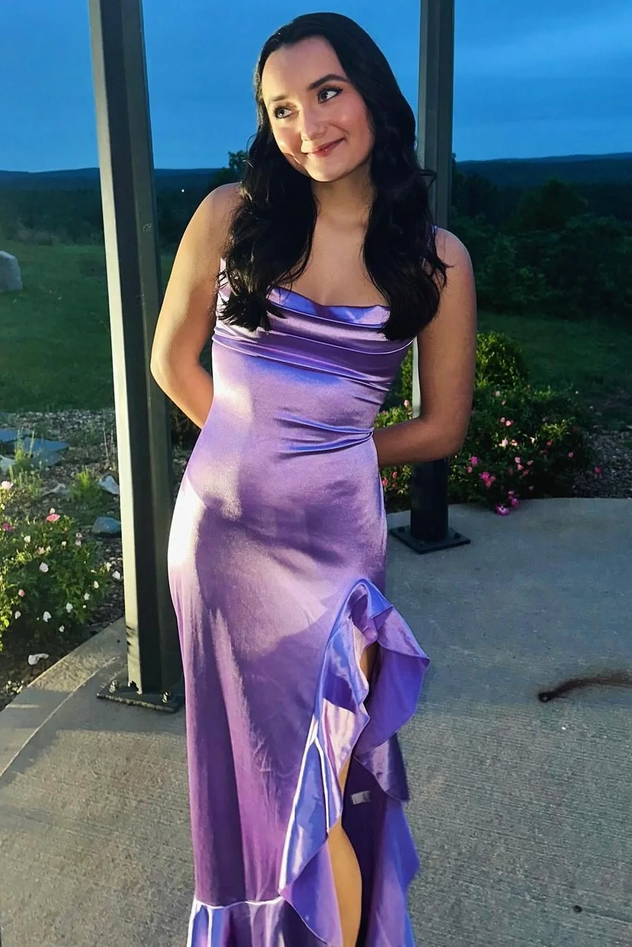 Purple Spaghetti Straps Ruffles Satin High Slit Long Formal Prom Dress