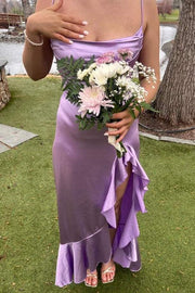 Purple Spaghetti Straps Ruffles Satin High Slit Long Formal Prom Dress