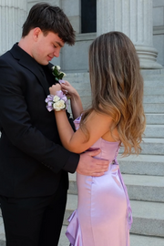 Purple Spaghetti Straps Ruffles Satin High Slit Long Formal Prom Dress