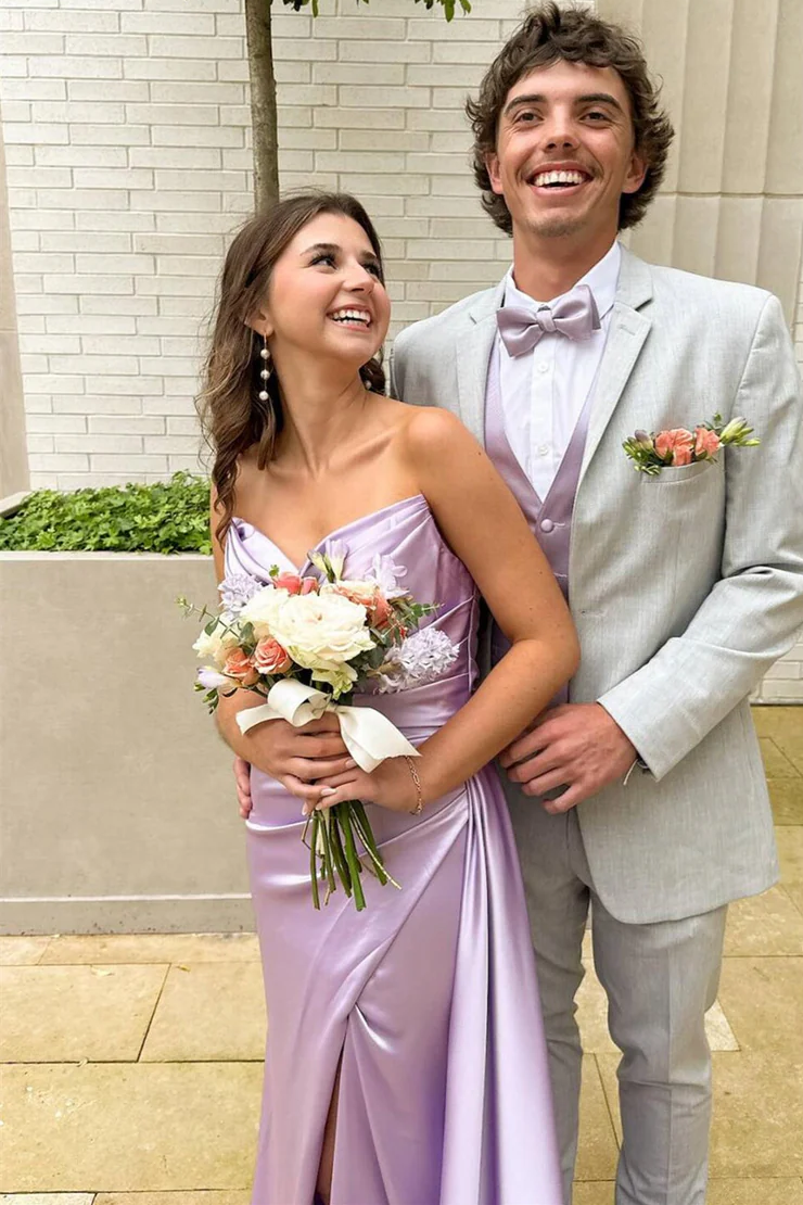 Elegant Strapless V-Neck Pleats High Slit Sleeveless Prom Dress with Train