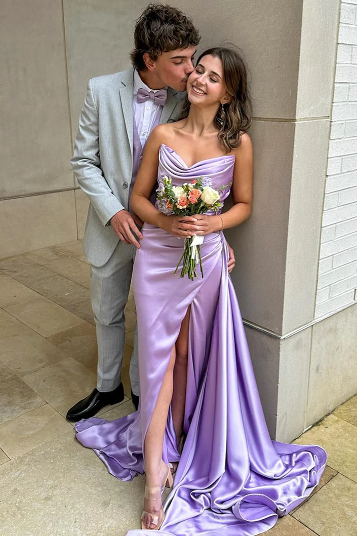 Elegant Strapless V-Neck Pleats High Slit Sleeveless Prom Dress with Train
