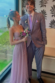 Lilac Spaghetti Straps Empire-Waist Sleeveless Glitter Tulle Long Prom Dress