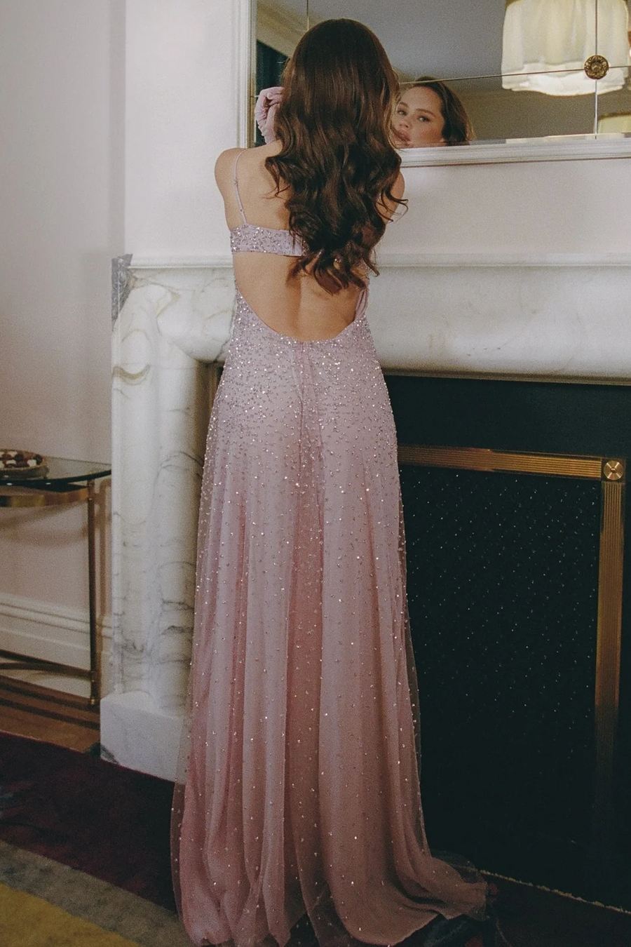 Lilac Spaghetti Straps Empire-Waist Sleeveless Glitter Tulle Long Prom Dress