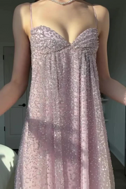 Lilac Spaghetti Straps Empire-Waist Sleeveless Glitter Tulle Long Prom Dress