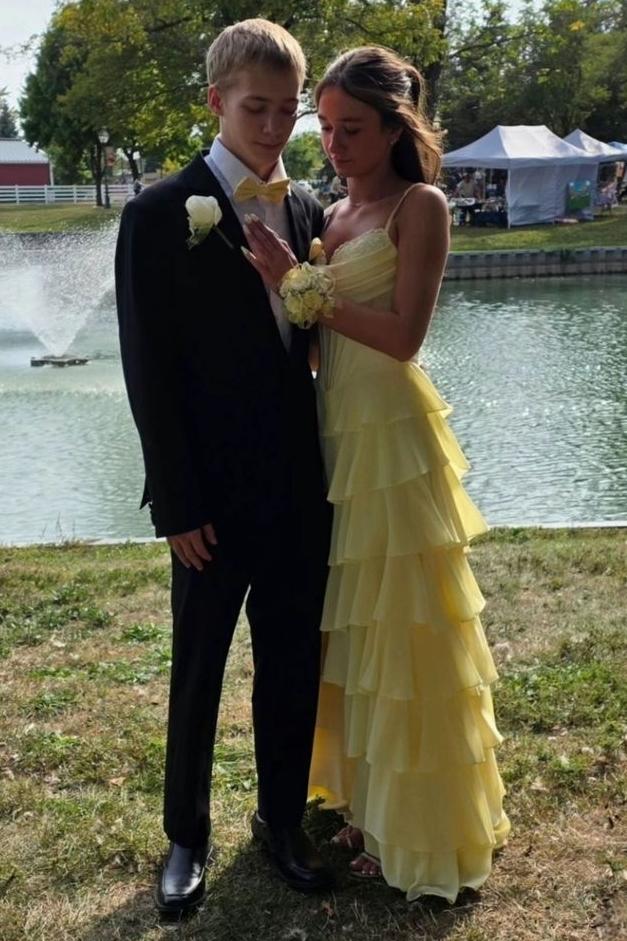 Spaghetti Straps A-Line V-Neck Empire-Waist Ruffles Long Prom Dress