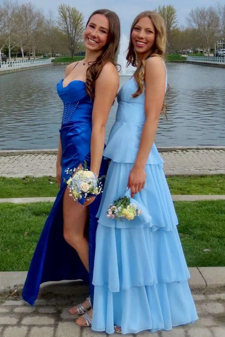Blue A-Line Square Neck Tiered Empire-Waist Sleeveless Prom Dress