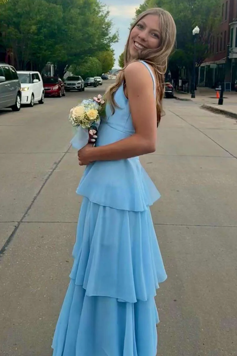 Blue A-Line Square Neck Tiered Empire-Waist Sleeveless Prom Dress