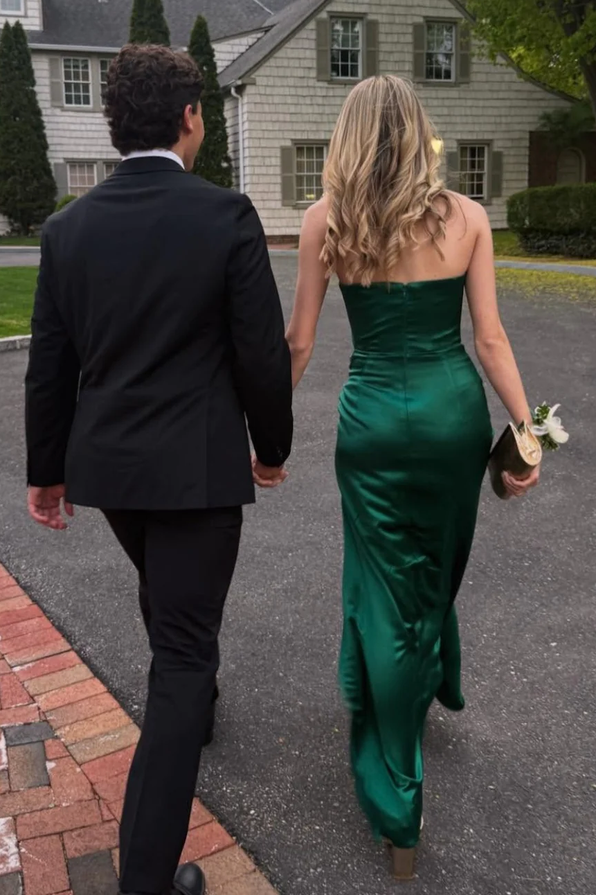 Green Strapless Satin Pleats Side Slit Fitted Sleeveless Formal Prom Dress