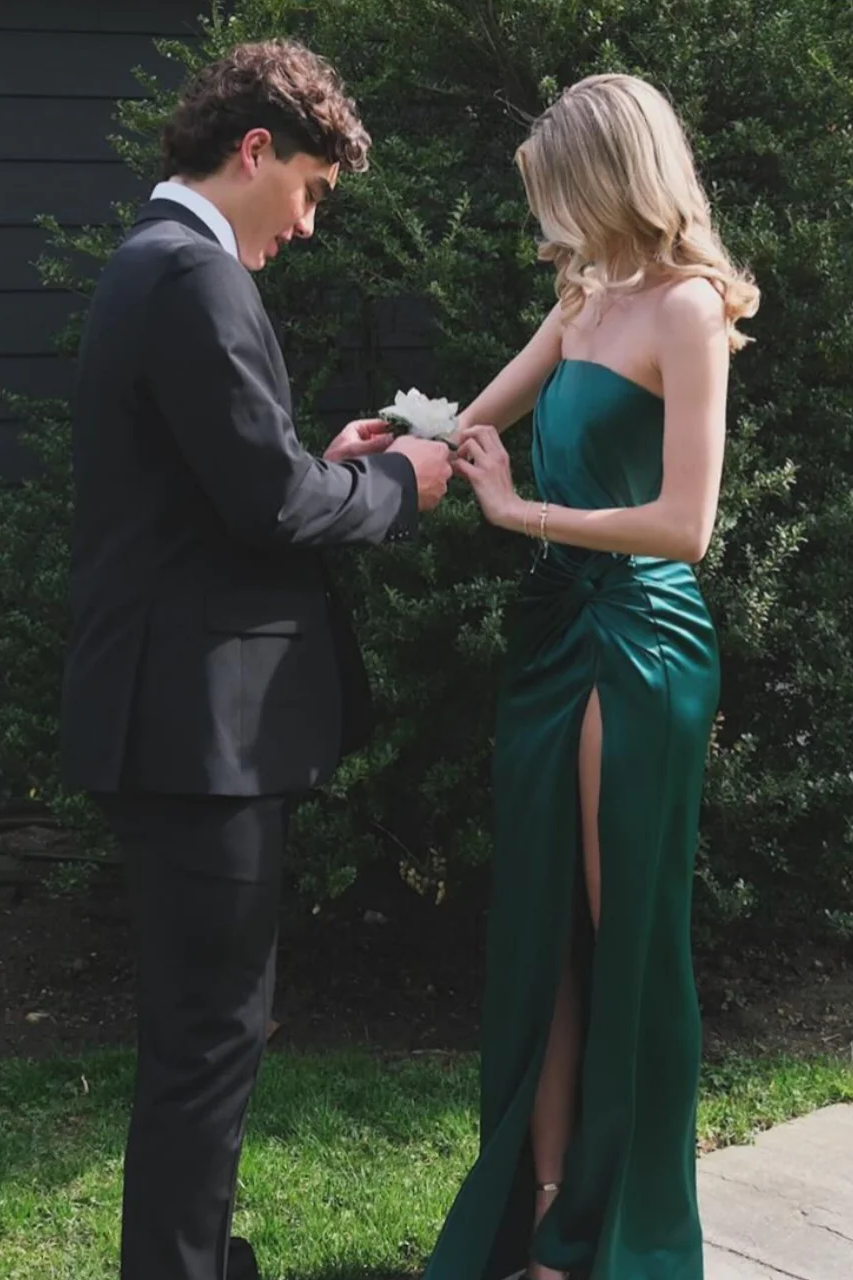 Green Strapless Satin Pleats Side Slit Fitted Sleeveless Formal Prom Dress