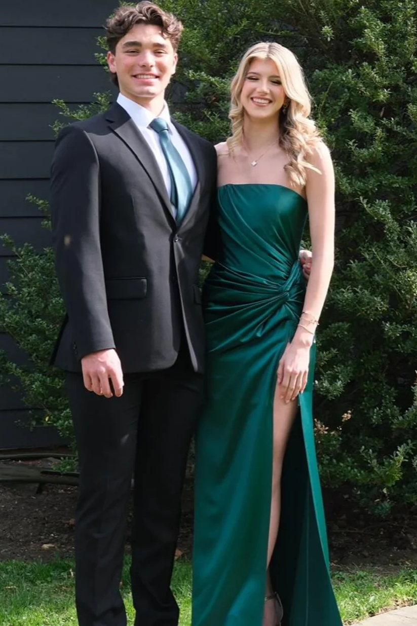 Green Strapless Satin Pleats Side Slit Fitted Sleeveless Formal Prom Dress