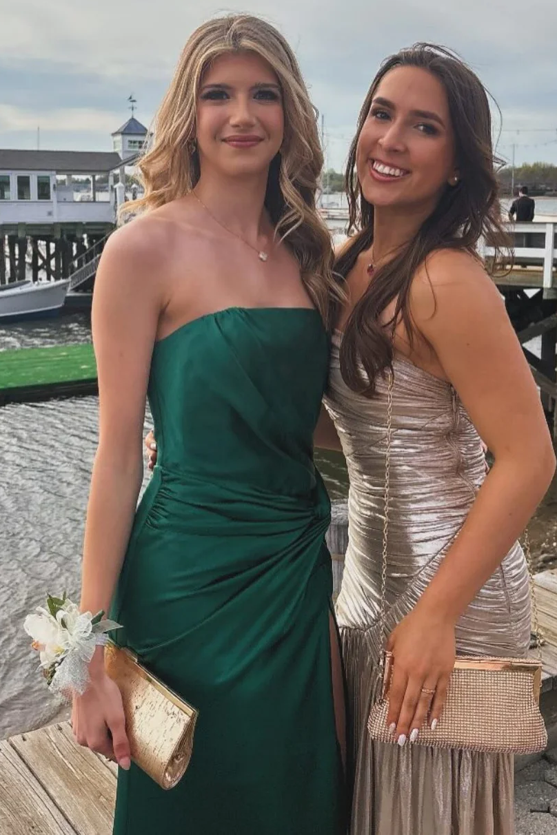 Green Strapless Satin Pleats Side Slit Fitted Sleeveless Formal Prom Dress