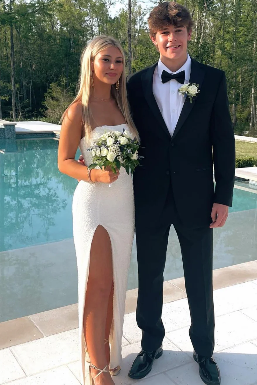 Strapless Glitter Scoop Neck High Slit Sleeveless Long Prom Party Dress