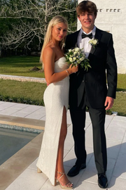 Strapless Glitter Scoop Neck High Slit Sleeveless Long Prom Party Dress