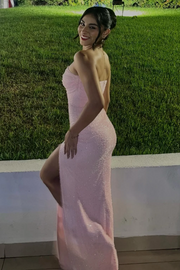 Strapless Glitter Scoop Neck High Slit Sleeveless Long Prom Party Dress