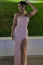 Strapless Glitter Scoop Neck High Slit Sleeveless Long Prom Party Dress