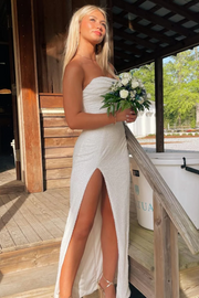 Strapless Glitter Scoop Neck High Slit Sleeveless Long Prom Party Dress