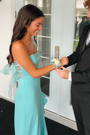 Classy Strapless Scoop Neck Ruffles Side Slit Satin Prom Dress with Bow