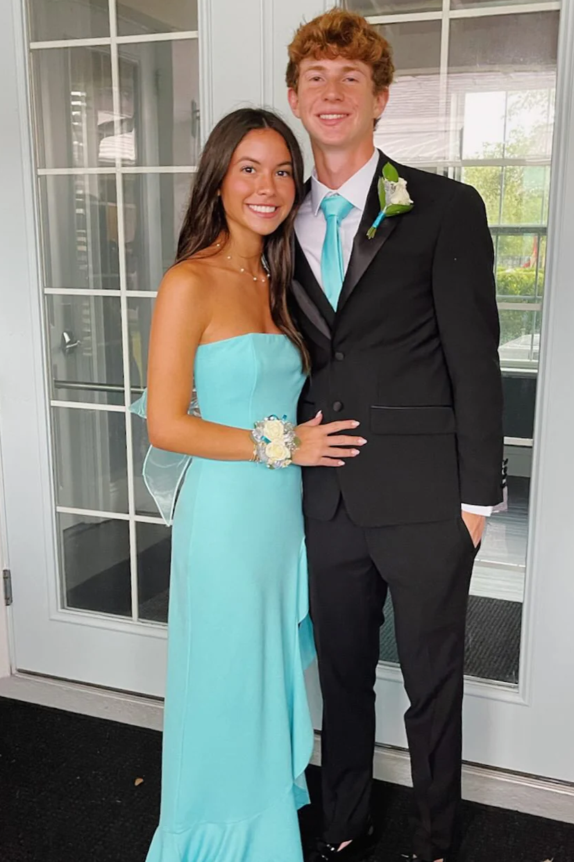 Classy Strapless Scoop Neck Ruffles Side Slit Satin Prom Dress with Bow