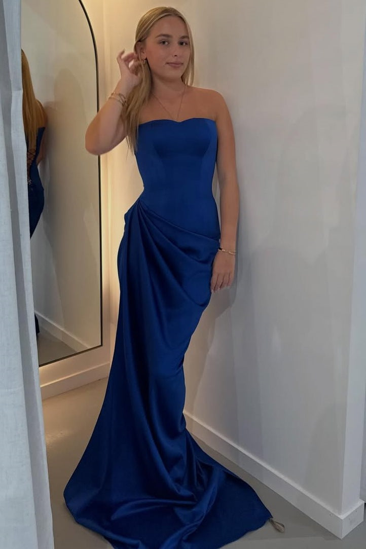 Royal Blue Strapless Pleats Sleeveless Satin Formal Prom Dress with Train