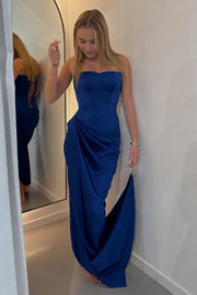 Royal Blue Strapless Pleats Sleeveless Satin Formal Prom Dress with Train