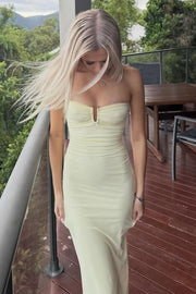 Yellow Strapless Sleeveless Pleats Fitted Long Prom Party Dress