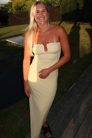 Yellow Strapless Sleeveless Pleats Fitted Long Prom Party Dress