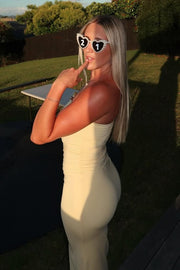 Yellow Strapless Sleeveless Pleats Fitted Long Prom Party Dress