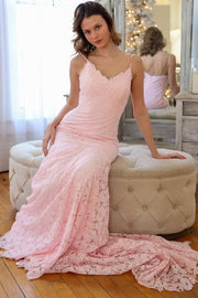 Pink Spaghetti Straps V-Neck Sleeveless Lace Appliques Mermaid Prom Dress