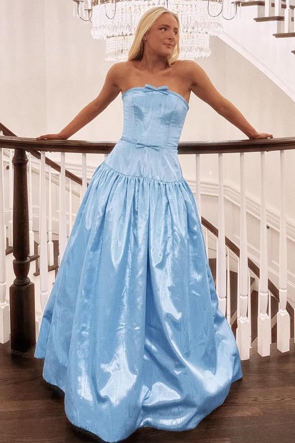 A-Line Strapless Sleeveless Empire-Waist Satin Long Prom Dress with Bow