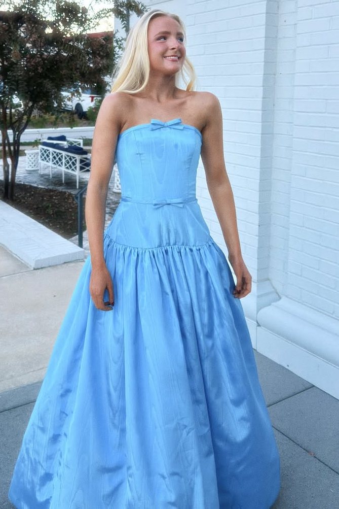 A-Line Strapless Sleeveless Empire-Waist Satin Long Prom Dress with Bow